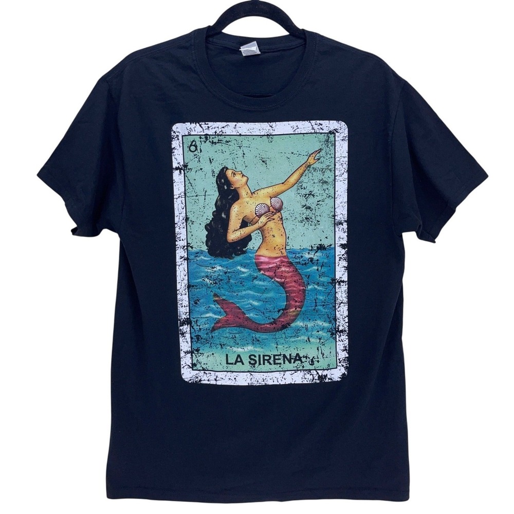 Black La Sirena Mermaid Loteria Graphic Tee M Fruit of the Loom